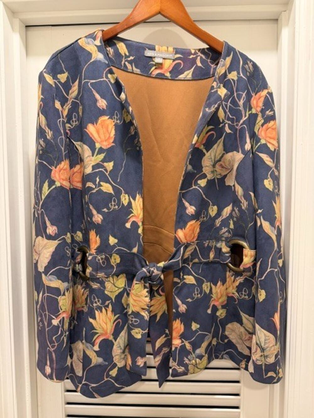 Kate & Mallory Women's Blue Open Front Floral Belted Jacket XL